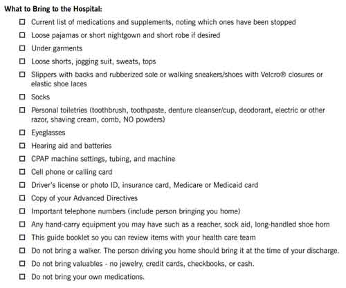 A checklist of what to bring to the hospital.
